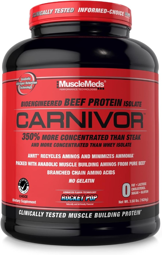 MuscleMeds CARNIVOR Beef Protein Isolate Powder, Muscle Building, Recovery, Lactose Free, Sugar Free, Fat, Free, 23g Protein, Rocket Pop, 56 Servers