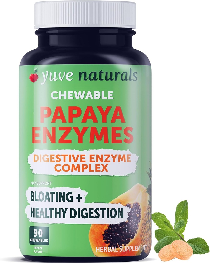 Yuve Natural Papaya Digestive Enzymes - Candies Chewable Libre de Azúcar - promueve una mejor digestión - Estreñimiento " Bloating Aid, Detox, Leaky Gut Repair " Gas Relief - Vegan, Non-GMO, Gluten-Free - 90ct