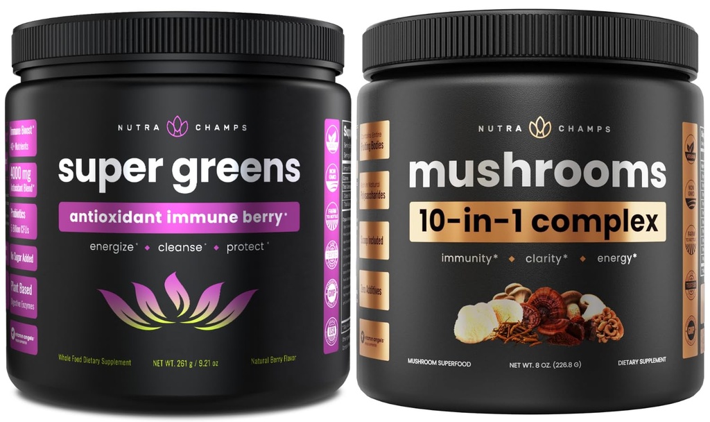 NutraChamps Super Greens Antioxidant & Super Mushrooms: Ultimate Brain, Gut & Body Boost