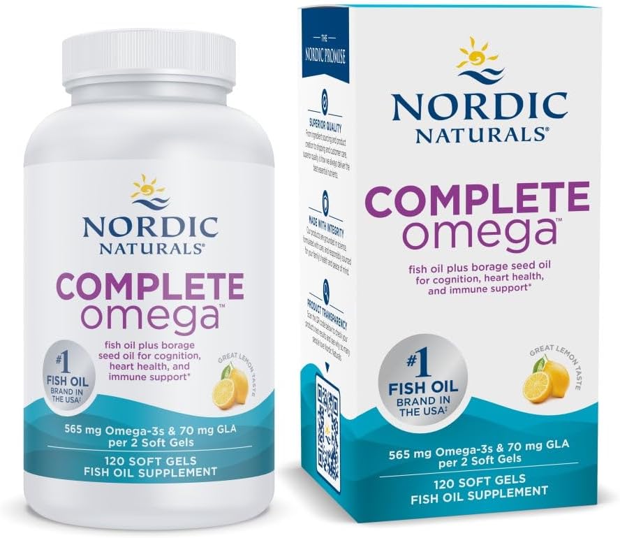 Naturales nórdicos completa Omega, limón Flavor - 120 xeles brandos - 565 mg Omega-3 - EPA e DHA con GLA engadido - pel saudable, cognición, estado positivo - non-GMO - 60 porcións