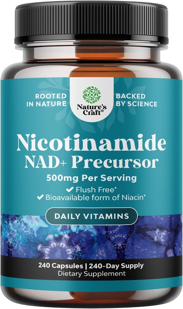 Vitamin B3 Niacinamid 500 mg Kapsule - Mitohondrijska energijska in močna kožna dopolnila - AKA Vitamin B3 Niacin 500mg Flush Free in Nikotinamid 500mg - Flush Free Niacin dodatek - 240 Število
