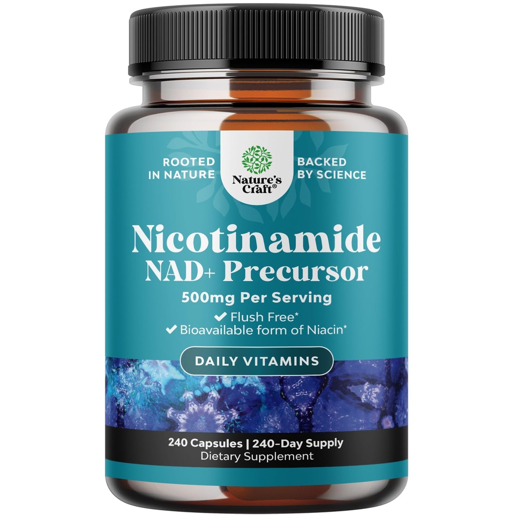 Vitamin B3 Niacinamide 500mg Capsules - Mitochondrial Energy and Potent Skin Supplement - AKA Vitamin B3 Niacin Flush Free and Nicotinamide 500mg - Flush Free Niacin Supplement - 240 Count