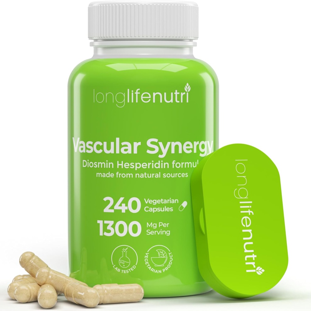 Complexo de Hesperidina de Diosmin de LongLife, Synergy Vascular 1000mg / 300mg para a circulación óptima e soporte de veas: 240 Cápsulas, 120 porcións, 4Month Supply, Made in USA