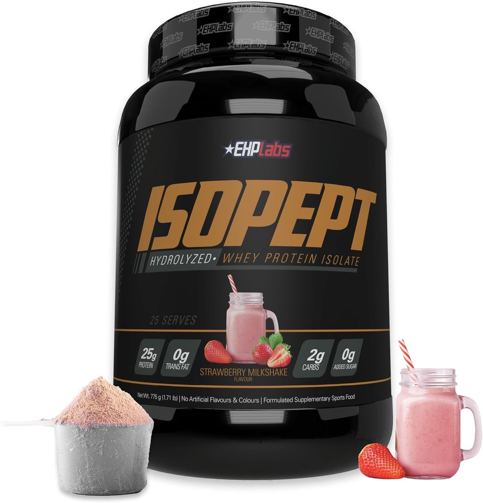 IsoPept Hydrolysed Whey Protein Powder by EHPlabs - 100 % Whey Protein Isolate & Hydrolysate, 27g de protéines, non-OGM, sans gluten, absorption rapide, digestion facile, 27 portions (Strawberry Milkshake)