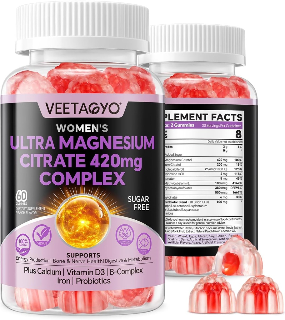 Magnesio Citrate Gummies 420mg helduentzako - geruza bikoitza - w/10 Billion CFU - 5 Strains Probiotikoak eta Calcium, D3, Biotin, Iron, B6, B12, Folate, Hezurrentzako euskarria, Nerbioa, Erlaxazioa, Muscle - Vegan 60Cts