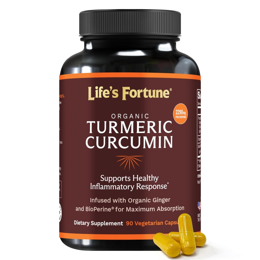 Life's Fortune Organic Turmeric Curcumin with Black Pepper and Ginger, Enhanced Absorption, Extra Strength Supplement, Joint & Immune Support, Non-GMO, 90 Cap - 2250mg