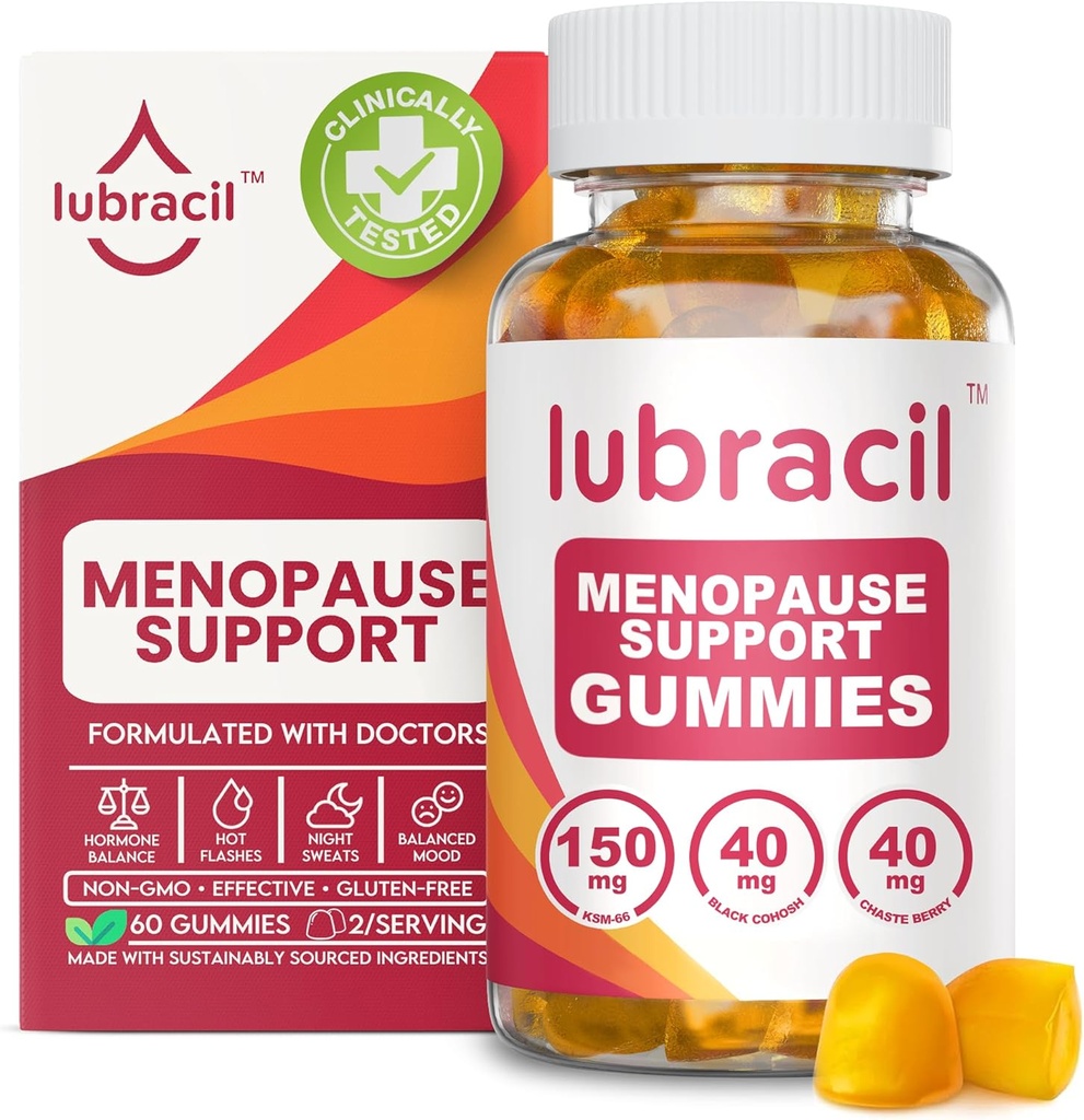 Lubracil Menopause Gummies cho Phụ nữ - Menopsals cho Hot Flashes, Chest Night, Mood Swings và Hormonal Commonal - Daily Cohosh & Ashwaganda - 60 Gummies (Pack of 1)