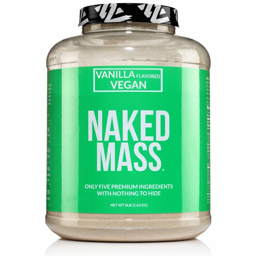 NAKED Vegan Mass - Vanilla Vegan Weight Gainer - 1,230 Calories, NSF Certified, Non-GMO, Soy & Gluten Free, No Artificial Ingredients - 8LB Bulk - 11 Servings