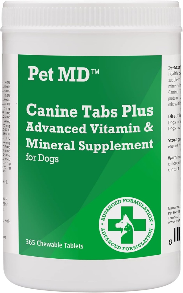Pet MD - Canine Tabs Plus 365 Count - Advanced Multivitamins for Dogs - Natural Daily ויטמין ומינרל תזונה משלימה - Liver Flavored Chewable Tablets
