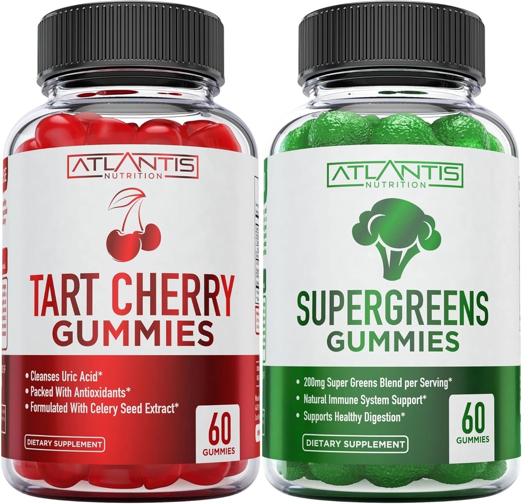Atlantis Beslenme 60 Tart Cherry Gummies + 60 Supergreens Gummies.