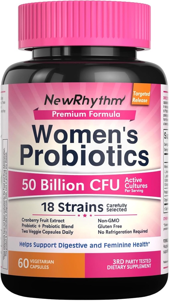 NewRhythm Vrouwen Probiotica, Biologische Cranberry voor Vrouwen Vaginale Gezondheid, 50 miljard CFU 18 Strains, Probiotica en Prebiotica, Ondersteuning Digestieve Gezondheid, 60 Vegan Capsules