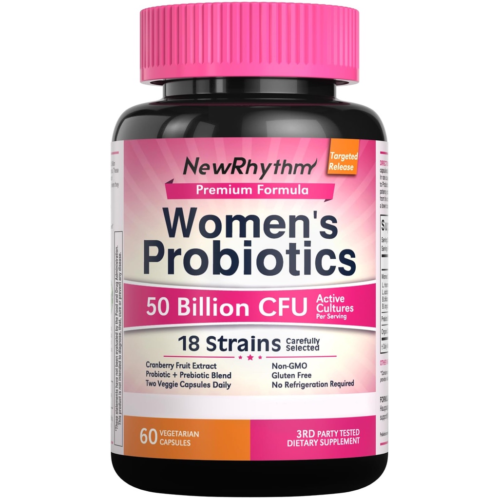 NewRhythm Women's Probiotics, Organic Cranberry, 50 Billion CFU 18 Strains, Probiotics with Prebiotics, Support Digestive Health, No Refrigeration Needed, Non-GMO, No Soy, 60 Vegan Capsules, No Dairy