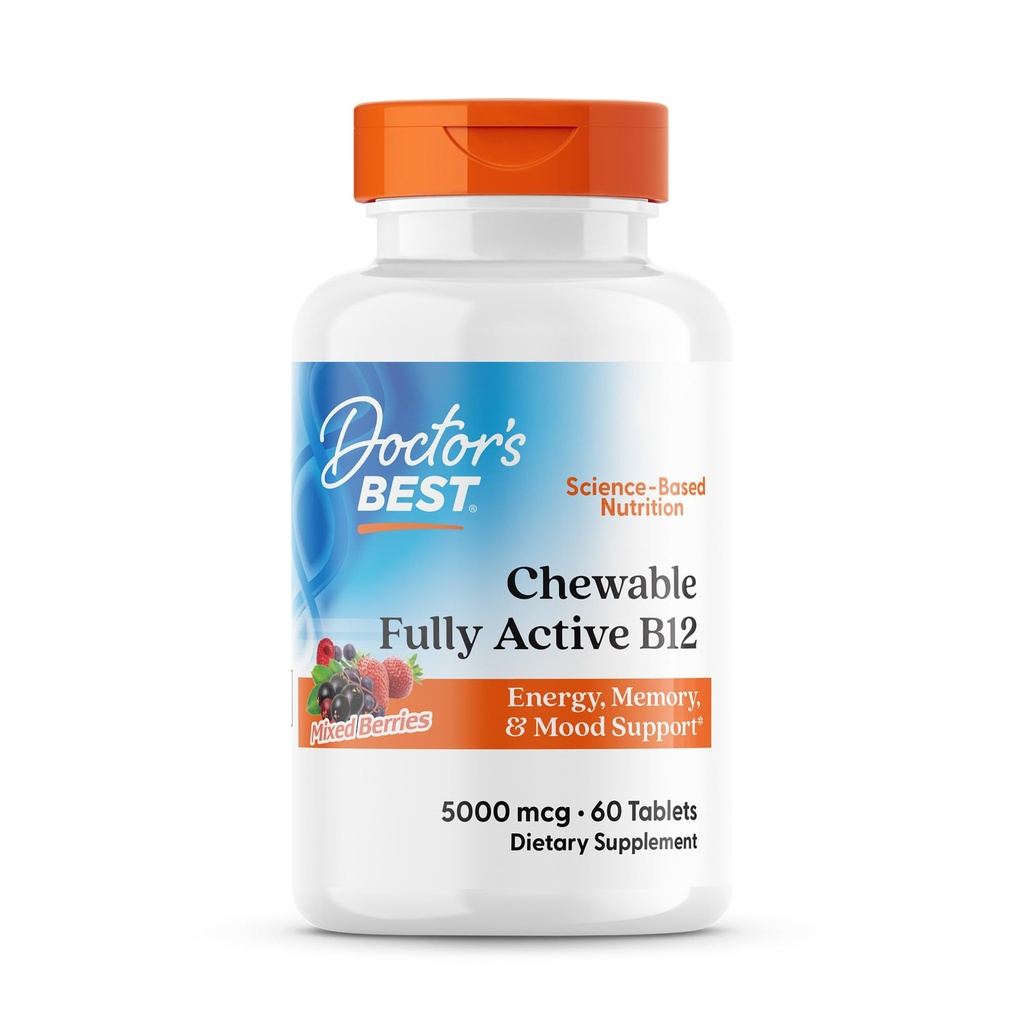 Doctor's Best Chewable Vitamin B12 Methylcobalamin for Men & Women - Vitamin B 12 5000 mcg, VIT B-12 Supplement, Vegan, Gluten Free, Non GMO, Fully Active, Mixed Berries Flavor - 60 Tablets