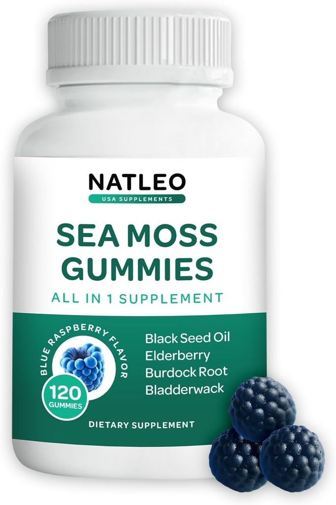 NATLEO USA Sea Moss Gummies z Elderberry, Black Seed Oil & Burdock Root - Wegan, Gluten- Free, Non-GMO, 1750mg - Supports Daily Wellness - Made in USA (120 Count)