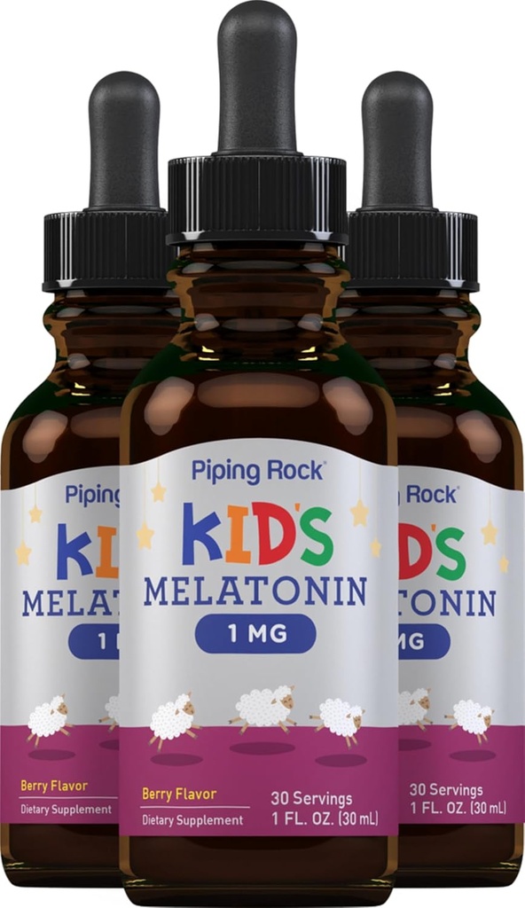 Pipering Rock Kids Melatoninas Skystas 1 fl oz 12, 1 mg 12, 3 butelių pakuotė - 124, Berry Flavor lašai - 124, ne GMO, Gluten Free Addition