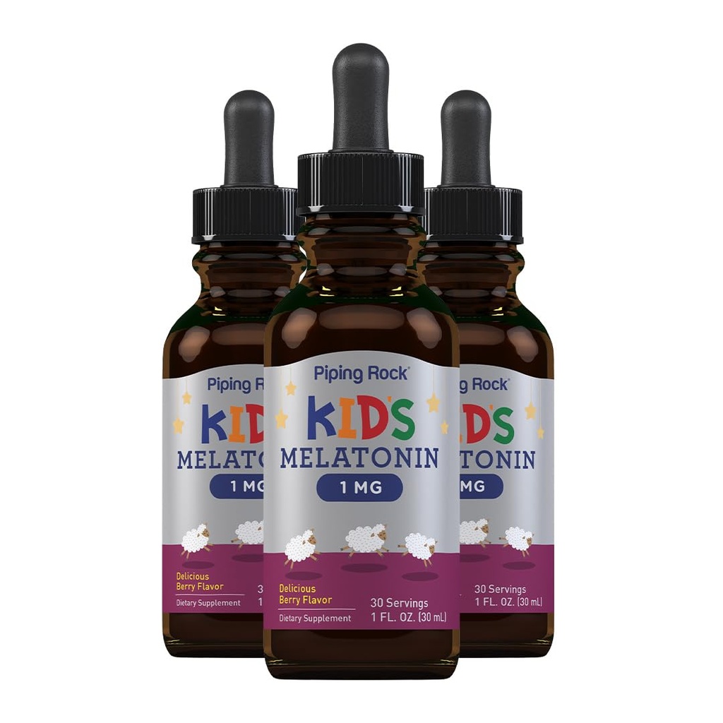 Piping Rock Kids Melatonin Liquid 1 fl oz | 1mg | Pack of 3 Bottles | Berry Flavor Drops | Non-GMO, Gluten Free Supplement