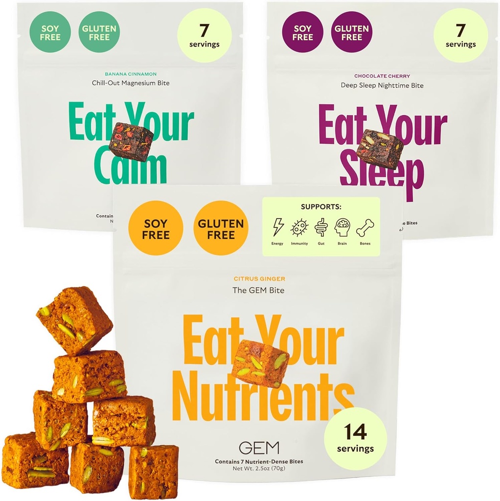 GEM Bite Complete Routine Variety Pack con Daily Multivitamin (14 Bites), Chill-Out Calm (7 Chews) e Deep Sleep Aid (7 Chews) | Soporte Gut, Skin, Brain, Bone, Sleep, Inmunity