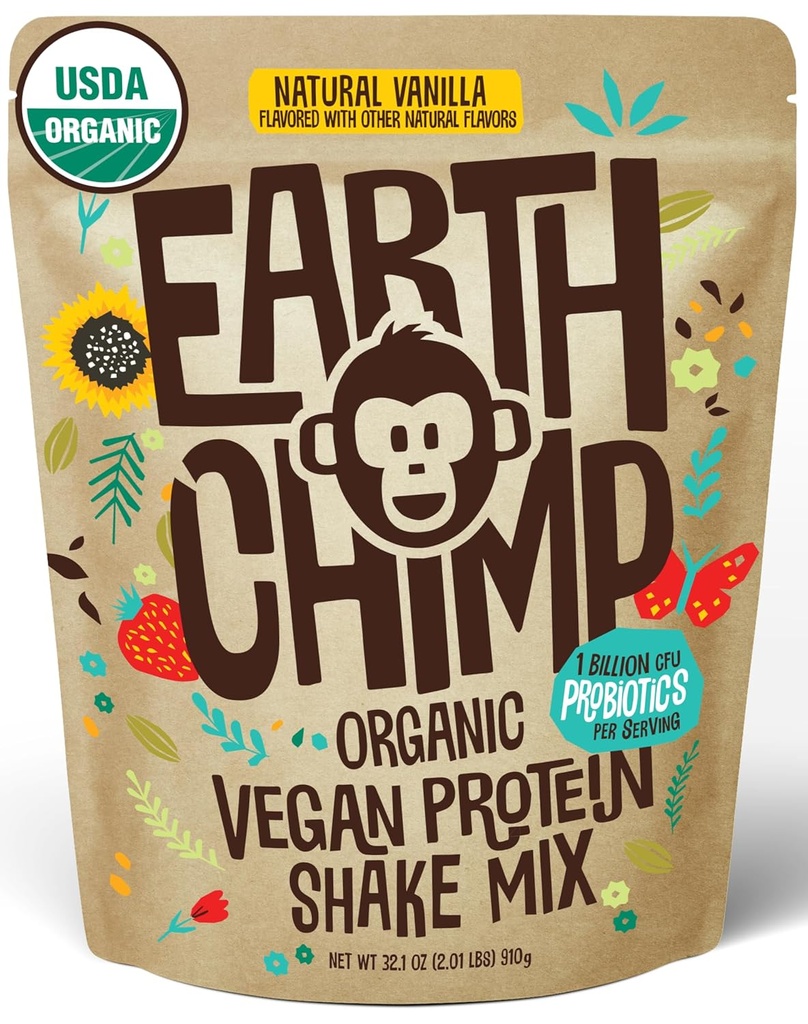 EarthChimp Organic Vegan Valgu Pulber - Probiootikumid - Non GMO, Piimavaba, Non Whey, Taimne Valgu Pulber Naistele ja Meestele, Gluteenivaba - 26 Servings 32 Oz (Vanilla)