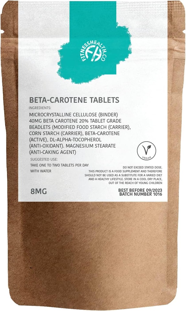 Fitness Health Beta-Carotene 8MG 120 Tablets - Pure Source of Vitamin A - Healthy Skin & Resistant System - Tanning Accelerator - Gluten & GMO-Free