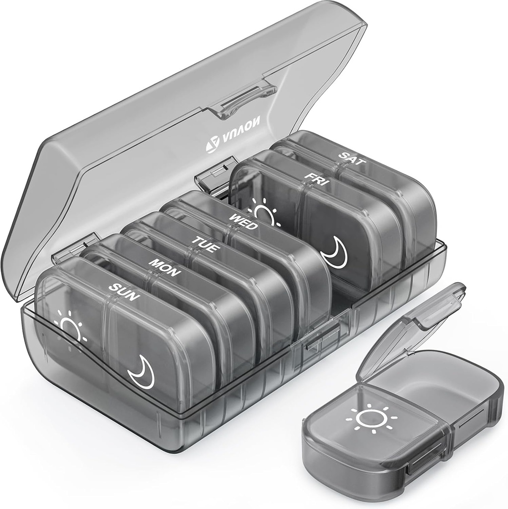 AUVON XL Tedenska tablete Organizator 2 krat na dan, tablete Box 7 dan z enostransko velike odprtine za enostavno uporabo, Siva AM PM tablete Primer za zdravila, vitamini, ribje olje, dodatki
