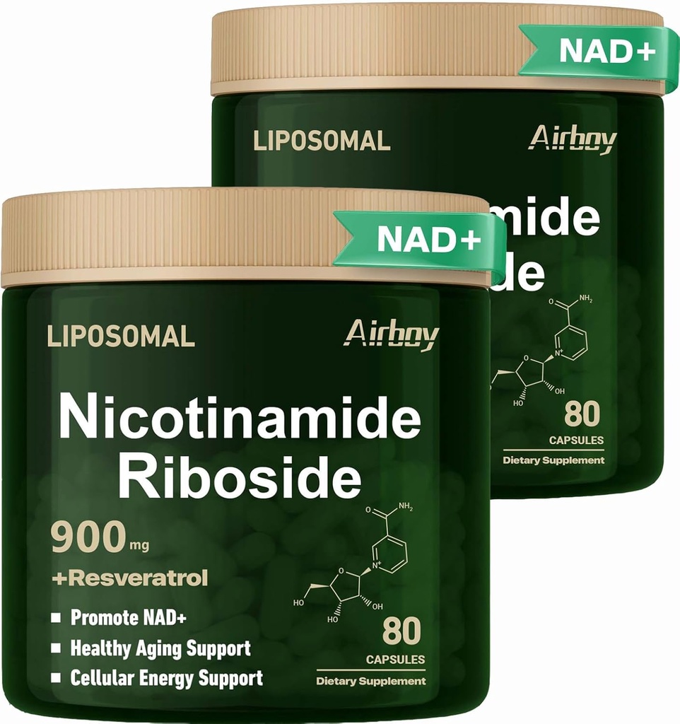 Airboy Liposomal Nicotinamida Riboside 900 mg, NAD Supplement with Resveratrol, NMN Alternative NAD Booster Support Antienvelhecimento, Energia, Foco - 80 Cápsulasx 2 Pack