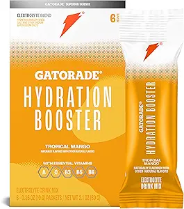 Gatorade Hydration Booster Electrolyte Drink Mix Powder Packets, Tropical Mango, Advanced Electrolyte Blend, No Added Colors, No Artificial Sweeteners, Essential Vitamins A, C, B3, B5, B6, Makes 20 Fl Oz, (6 Pack)