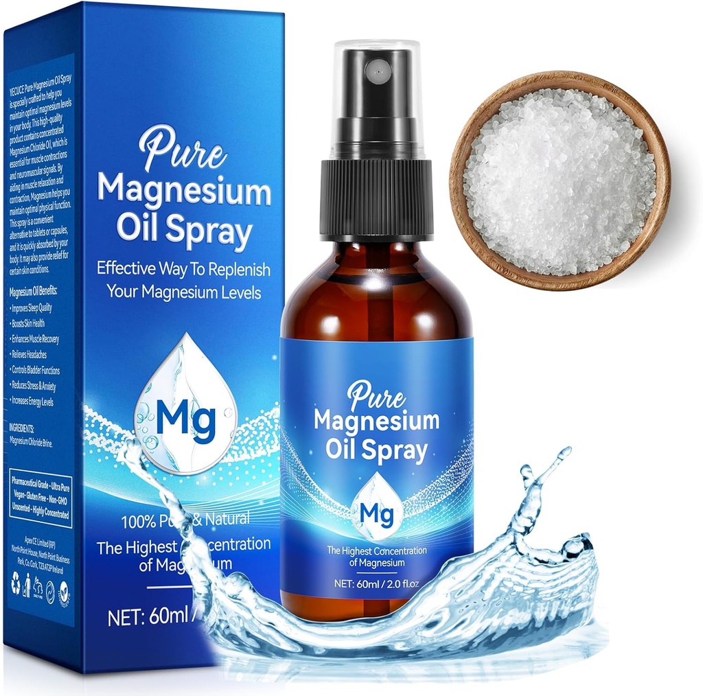 Magnesium Oil Spray, Pure Magnesium Oil för fötter,100% Natural & Organic Magnesium Spray Glas Bottle, Lätt att Absorb & Använda, Topical Magnesium Spray (2 Fl Oz, Pack av 1)