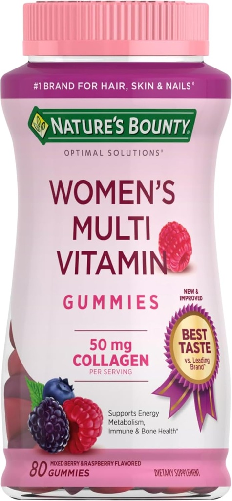 Nature's Bounty Optimal Solutions Women's Multivitamin, Immun- und Cellular Energy Support, Bone Health, Raspberry Flavor, 80 Gummis, 40 Total Servings