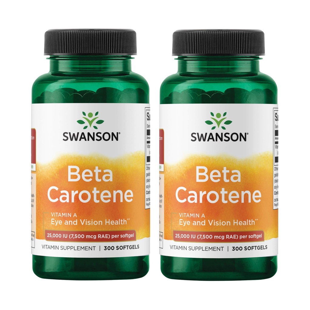 Swanson Beta-Carotene Vitamin A 25,000 IU Eye and Skin Health Supplement for Adults Seeking Vision and Immune Support - 7,500 mcg (300 Softgels, 2 Pack)