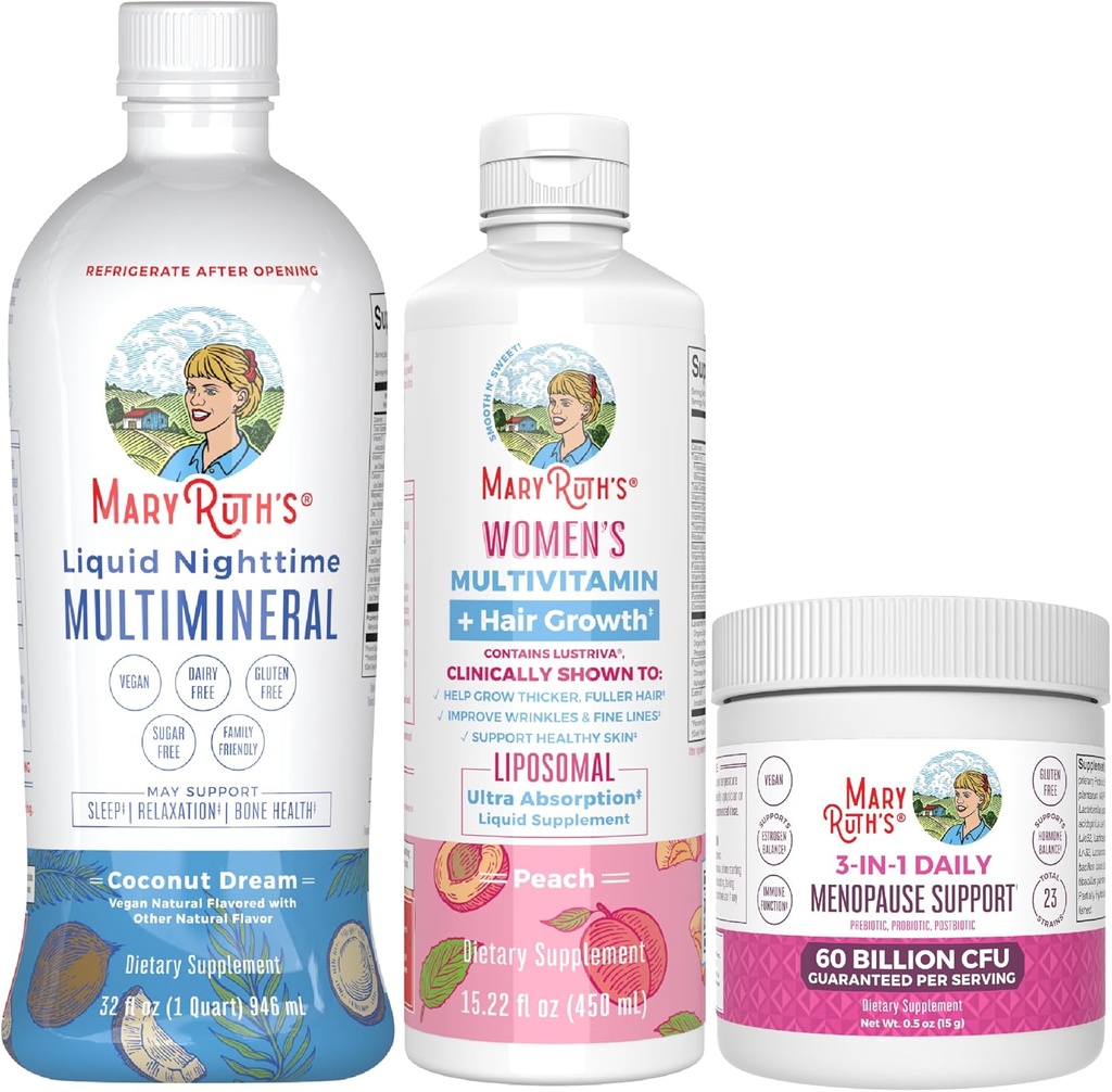 MaryRuth Organics Ženske multivitaminskaLustriva za rast las, Menopause podpora, & Dnevni tekoči multimineralni, 3-Pack paket za podporo las, zdravje kože, imunske podpore, Gut zdravje, in podporo za spanje