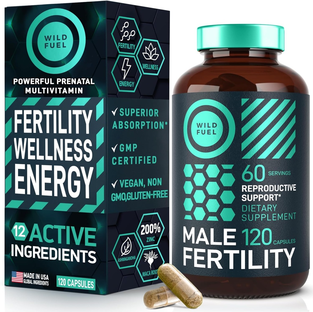 Suplimente de fertilitate pentru barbati Vitamina prenatala - Maca Root, Ashwagandha, Zinc, Plus Naturale - Conceptie pentru el Vitamine de fertilitate barbati si suplimente de suport pentru fertilitate masculina - 120 Capace pentru 2 luni