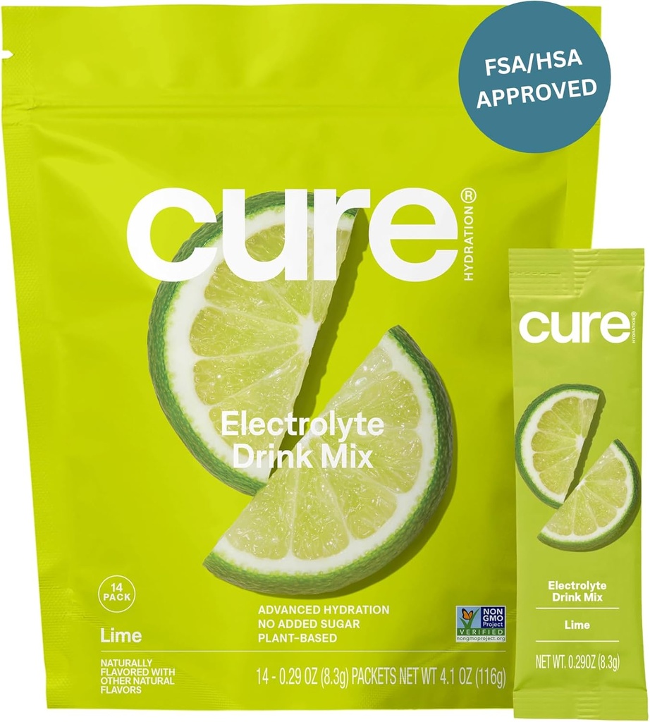 Cure Hydration | Miscela elettrolita a base vegetale | Non Aggiunto Zucchero | FSA-HSA | Polvere di rilievo di disidratazione fatta con acqua di cocco | Non-GMO | Vegan | Pouch of 14 Packets - Lime