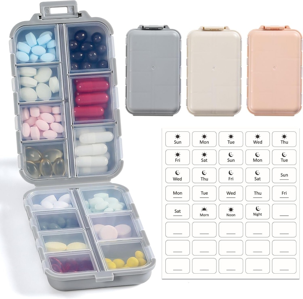 LANDNEOO 14 Grids Pill Organizer Box mit Etiketten, Travel Medication Holder Dispenser Case Kit, Pocket Daily Pharmacy Container für Fish Oil Vitamin Supplement Storage, Khaki Pink Grey, 3 Pack