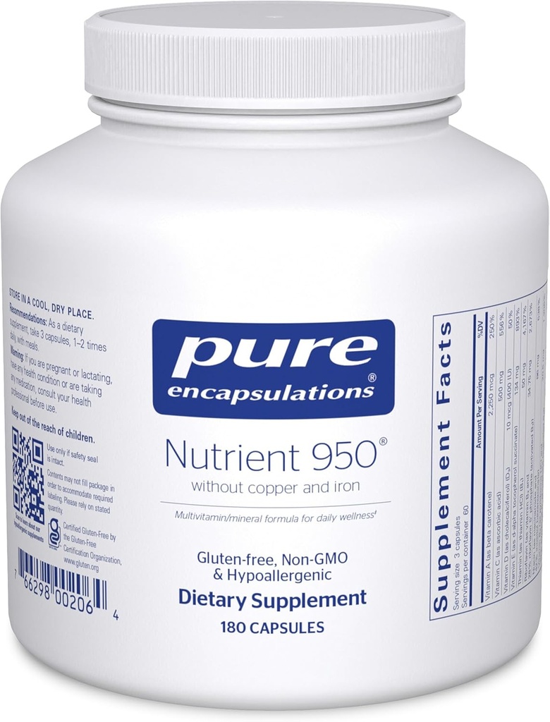 Pure Eritrencials Nutrient 950 Sense Coure i Iron Hypoallgenic Multi-Vitamin/Mineral fórmula per a Opteal healthal 180 Capsule
