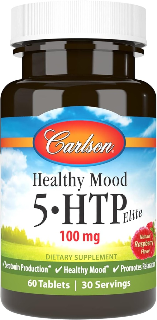 Carlson Sanatos Mood 5-HTP Elite 100 mg cu vitamina B6 - suport de stare de spirit & supliment de relaxare - Raspberry Chewable - 60 comprimate