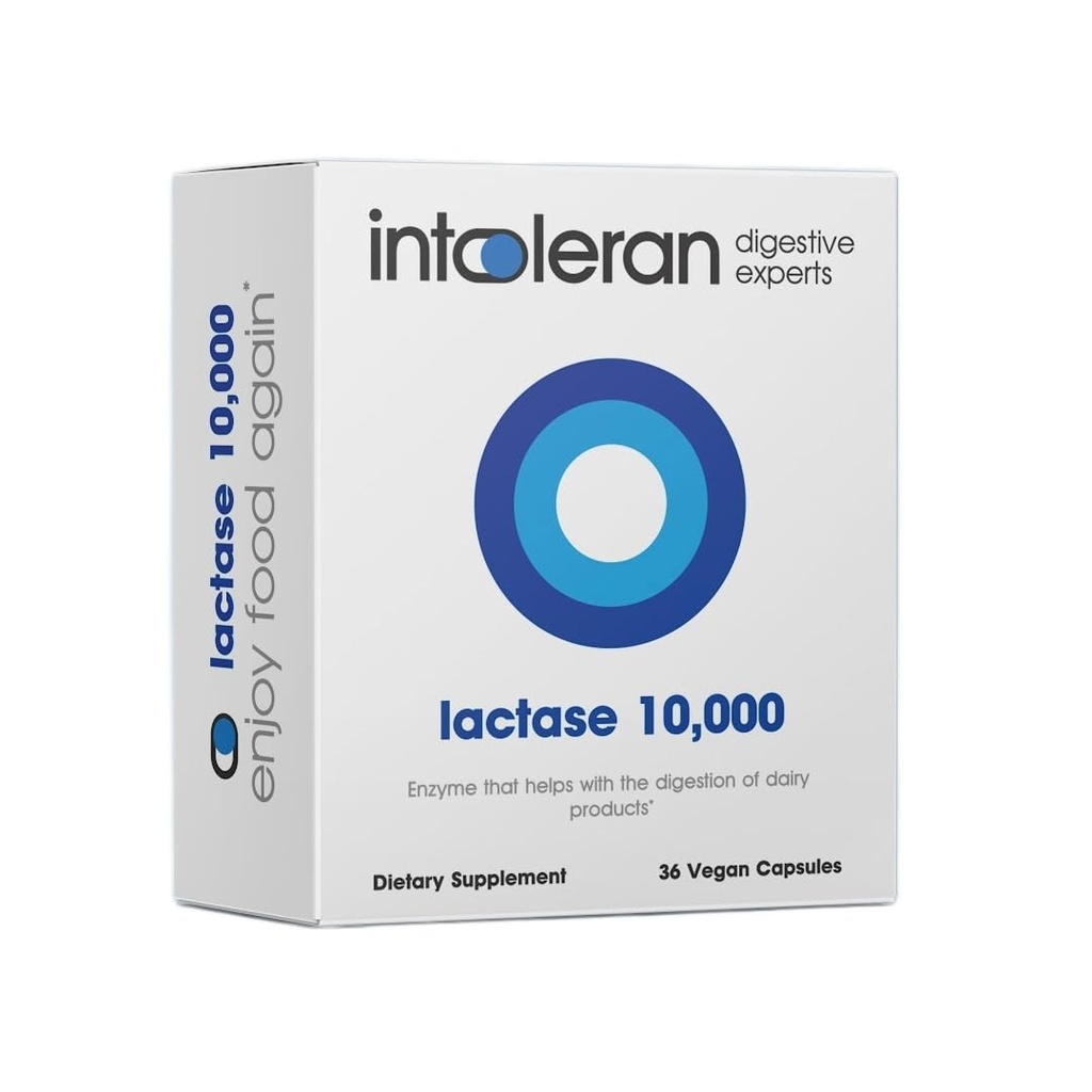 Intoleran Lactase 10,000 Digestive Enzymes - 36 Capsules | Supplement for Lactose Intolerance | Lactase Enzyme That Helps Digest Dairy & Lactose | High Dosed & Fast Acting | Pure & Vegan | Low FODMAP
