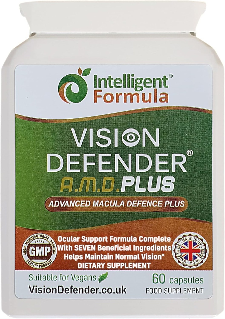 Vision Defender Plus Eye Supplement: AREDS2 Fórmula Vitaminas, Minerales (Lutein, Zinc) Mejorado con Meso-Zeaxanthin para los ojos completos / Cuidado de la salud visual &amp; Soporte. 60 Cápsulas Veganas fáciles de cambiar