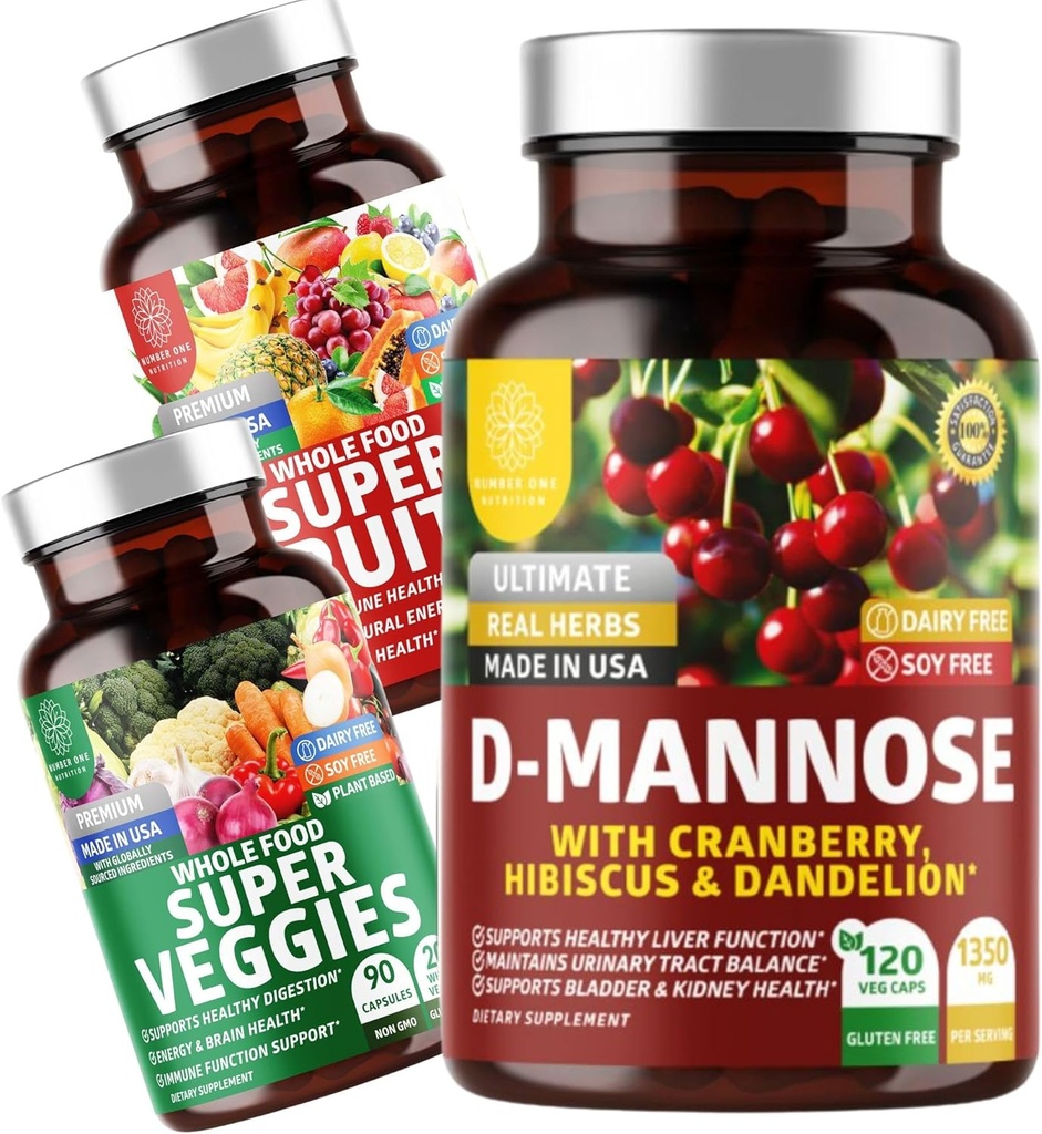 Number üks Toitumine N1N Premium D-Mannose Cranberry & Hibiscus [1350mg], 120 kapslit, ja Super Puuviljad & Köögiviljad Terve Toidulisand, 180 kapslit, 2 pakendit
