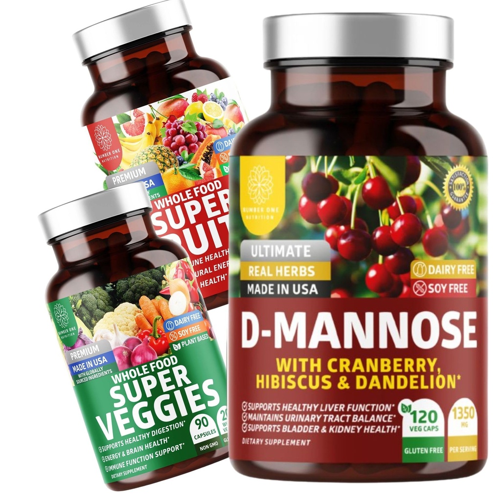 Number One Nutrition N1N Premium D-Mannose with Cranberry & Hibiscus [1350mg], 120 Capsules, and Super Fruits & Veggies Whole Food Supplement, 180 Capsules, 2 Pack Bundle
