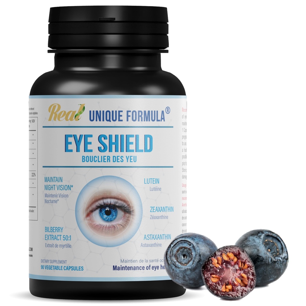 Eye Shield Supplement with Bilberry Extract, Lutein, Zeaxanthin, Astaxanthin, and Beta-Carotene - Supports Dry Eyes, Vision Health, and Night Vision, 90 Veg Capsules