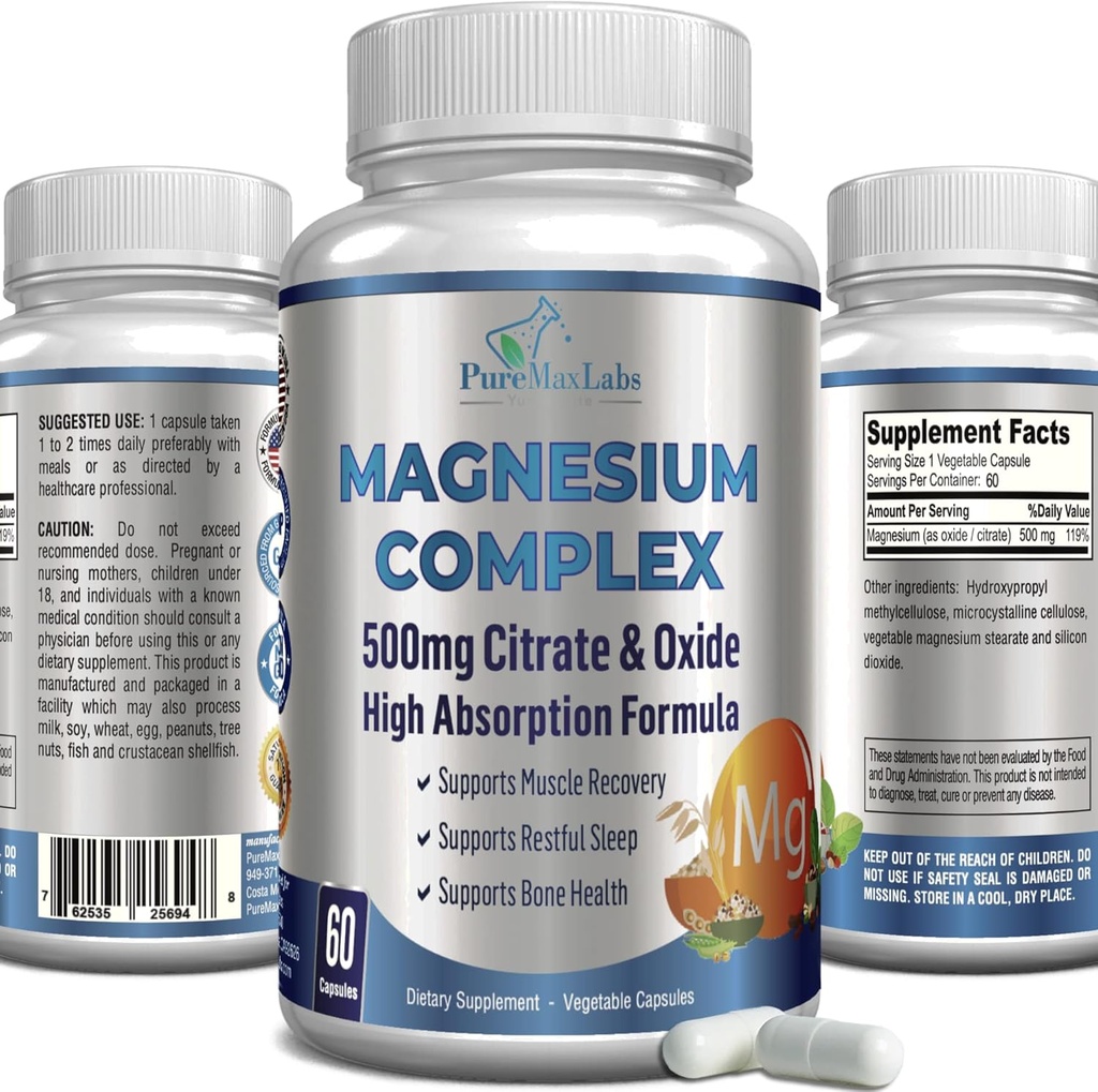 Hohe Absorption Magnesium Citrate Complex 500mg Magnesium Citrate & Oxide – Unterstützt Kalm Sleep, Muskel Cramp Relief, Muskelrückgewinnung, Gesunde Zähne & Knochen, Non-GMO – 60 Gemüse Kapseln