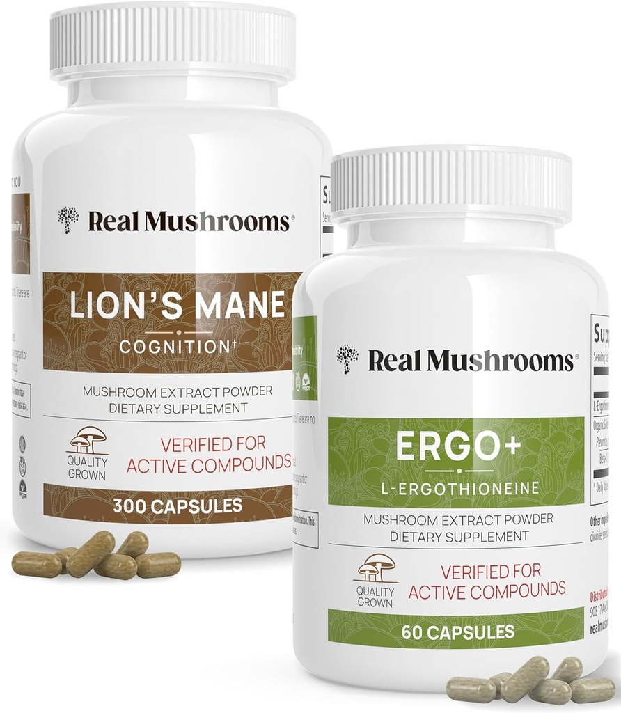 Real Mushrooms Ergothioneine (60ct) e Lions Mane (300ct) Bundle with Shiitake and Oyster Mushroom Extracts - Longevity and Cognition - Vegan, Gluten Free, Non-GMO - Natural Support for Healthy Aging