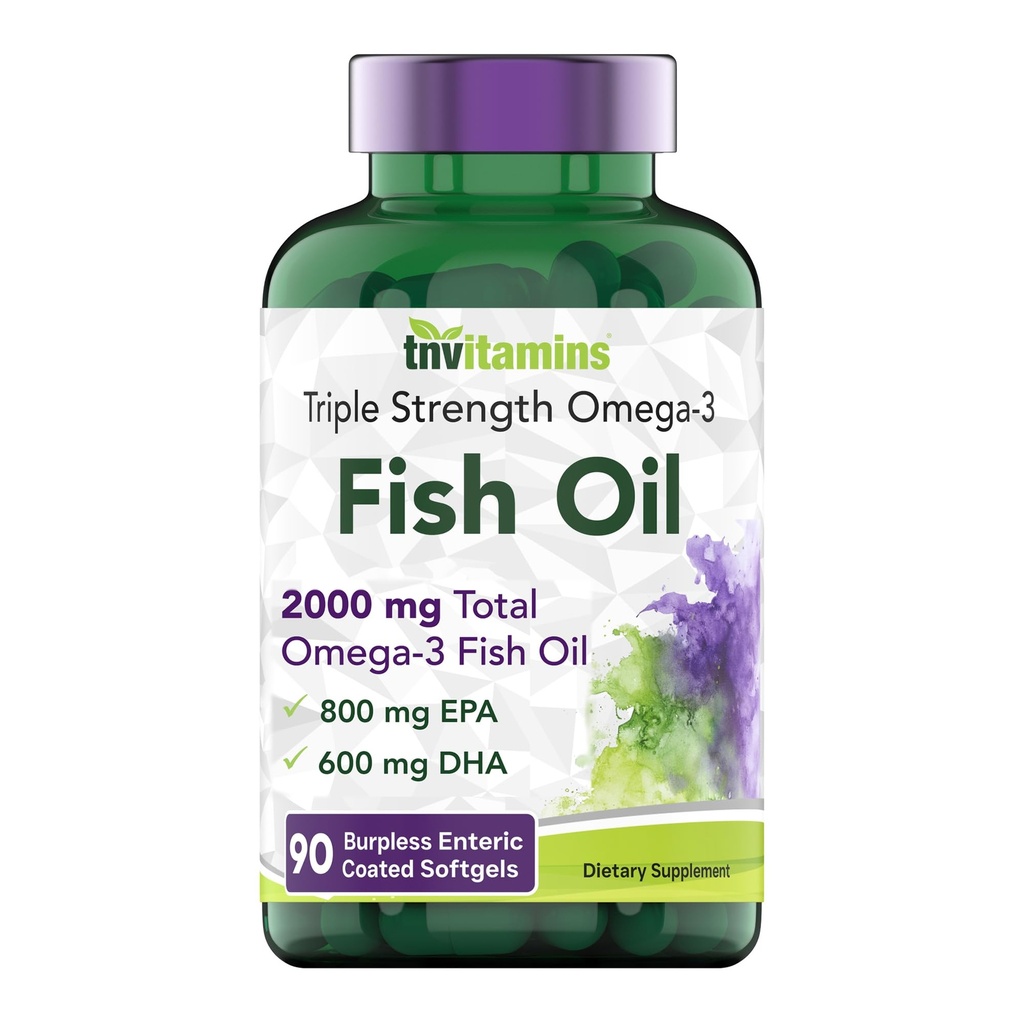 tnvitamins Burpless Omega-3 Fish Oil: 2000mg - 90 Softgels | 1400mg Total Omega-3 Fatty Acids (800mg EPA & 600mg DHA) | Enteric Coated Burpless Ultra Potent Fish Oil | Supports Heart Health