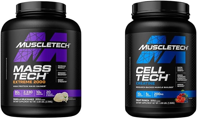 MuskuļuTech Mass Gainer Mass-Tech Extreme 2000, Muskuļu Builder Sūkalu Proteīns Pulveris un kreatīnmonohidrāts Pulveris Cell-Tech Kreatīns Pēc treniņa Recovery Drink Muskuļu Builder