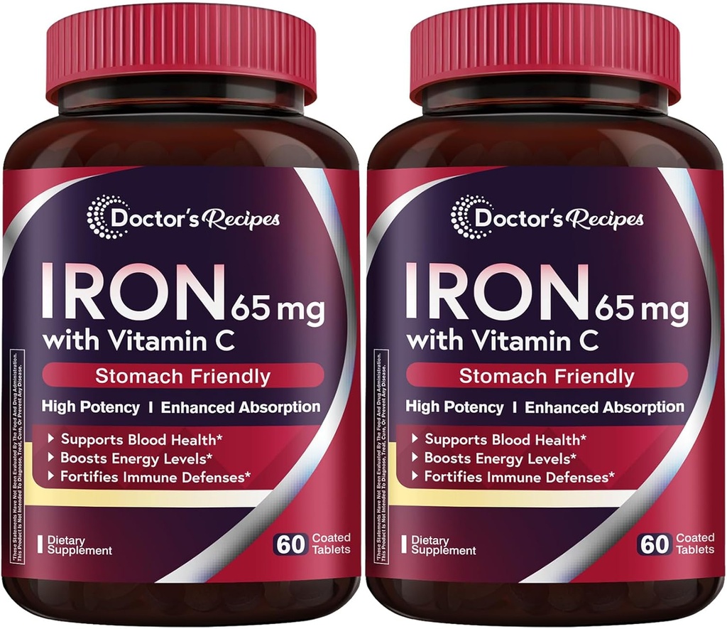 תוספי הברזל של הדוקטור 65 מ"ג עם ויטמין C - Maximized Absorption & Stomach Friendly Iron Pills for Red Blood Cells Formation, Heart, Brain & Immunity Health - Vegan 120 Tabs (Pack of 2)