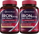 Doctor's Recipes Iron Supplement 65 mg with Vitamin C - Maximized Absorption & Stomach Friendly Iron Pills for Red Blood Cells Formation, Heart, Brain & Immunity Health - Vegan 120 Tabs (Pack of 2)