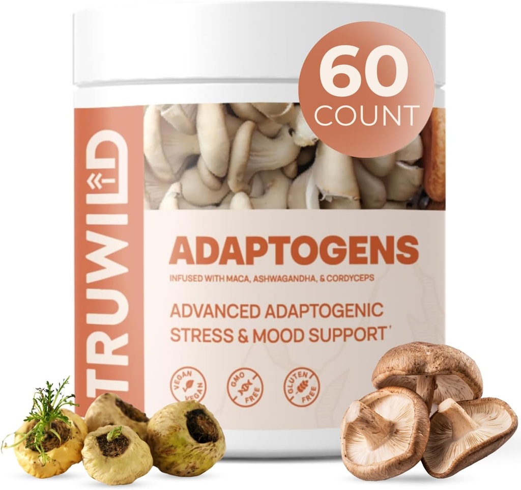 TruWild Adaptogen Mieszanka z Cordyceps Maca Ashwagandha - Full Spectrum Mushroom Mieszanka do codziennego wsparcia i funkcji, Wszystkie Naturalne Formuły z 7 Kluczowe składniki, 60 Kapsułki