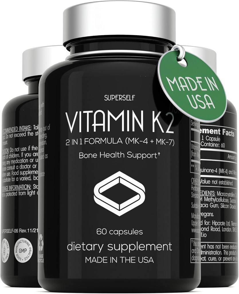 Vitamin K2 Capsules 100 mcg - Vitamin K Complex MK-7 & MK-4-60 Capsules - VIT K2 2 in 1 Formula High Strength Supplement MK7 MK4 - Made in USA - Vegan & Non-GMO