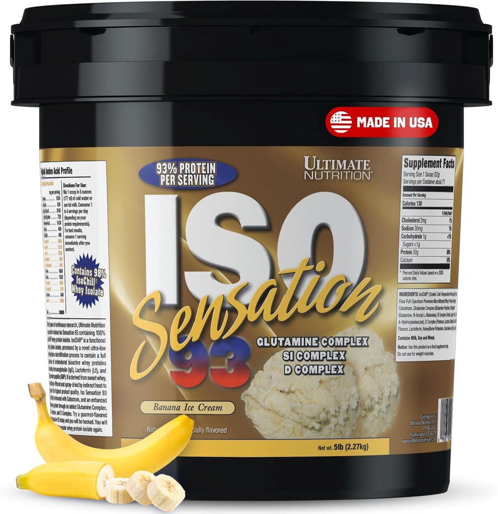 Ultimate Nutrition Proteína de soro isolado po con complexo de glutamina, sensibilidade ISO 93 - po de proteína Whey con colostrum engadido para recuperación mellorada, inmunidade e saúde Gut - Banana, 5lbs