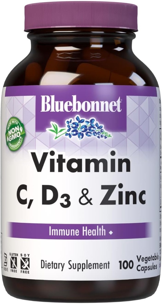 Bluebonnet Nutrition Vitamina C, D3 & Zinc, per la salute immunitaria e la funzione respiratoria*, Soia-Free, Senza glutine, Non OGM, Kosher Certified, Dairy-Free, 100 capsule vegetali, 100 Serve